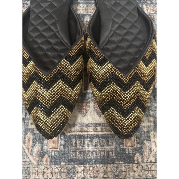 Birdies Beaded Swan Mule In Black And Gold Chevron Satin 8.5 - Picture 2 of 6